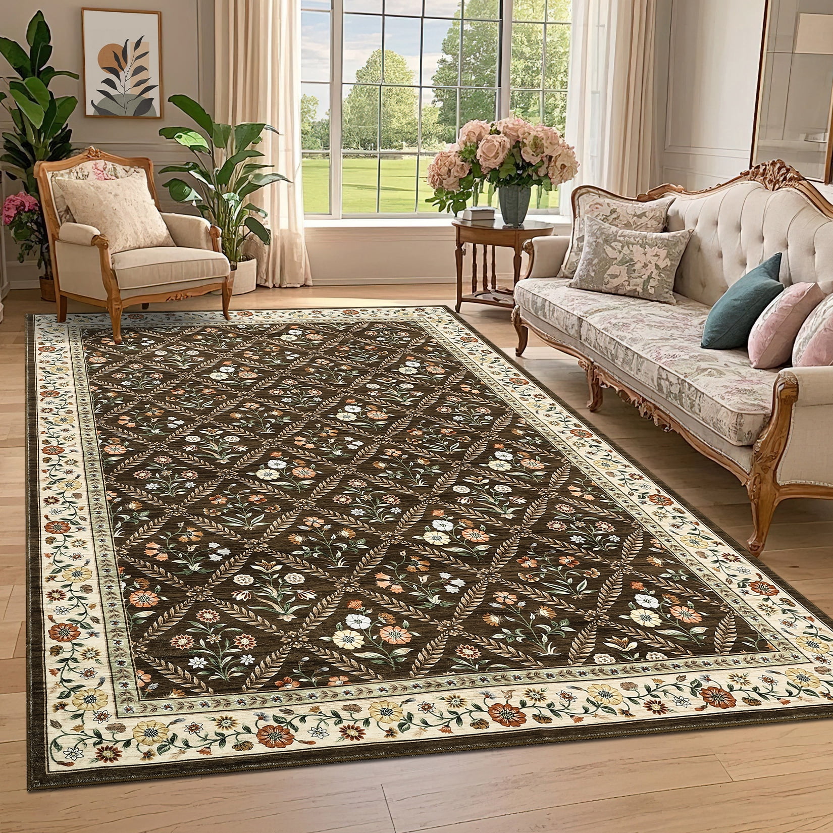 Senfot 9x12 Floral Print Area Rug Machine Washable Non-Slip Stain Resistant Low Pile Bordered Farmhouse Rug for Living Room Bedroom Home Office Brown