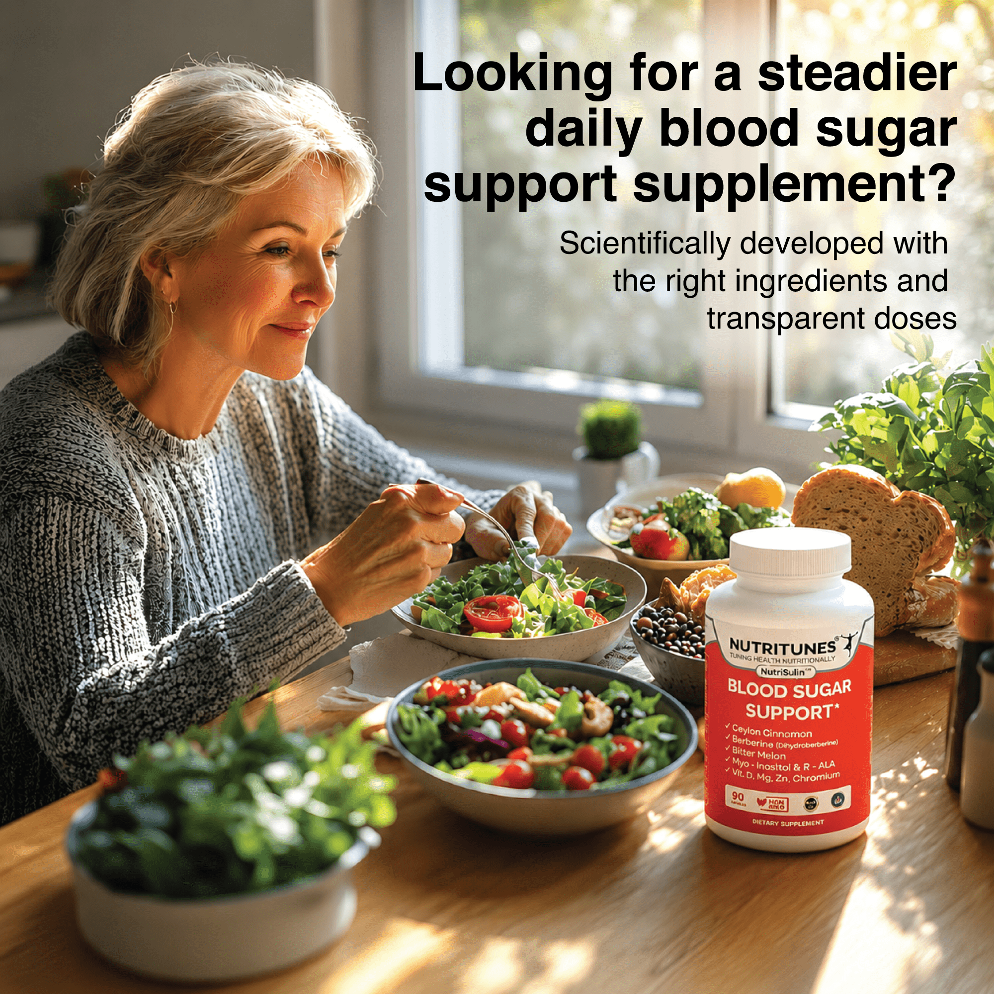 NutriTunes NutriSulin Blood Sugar Support Supplement with Dihydroberberine & Ceylon Cinnamon, 9-in-1 Formula, 90 Capsules