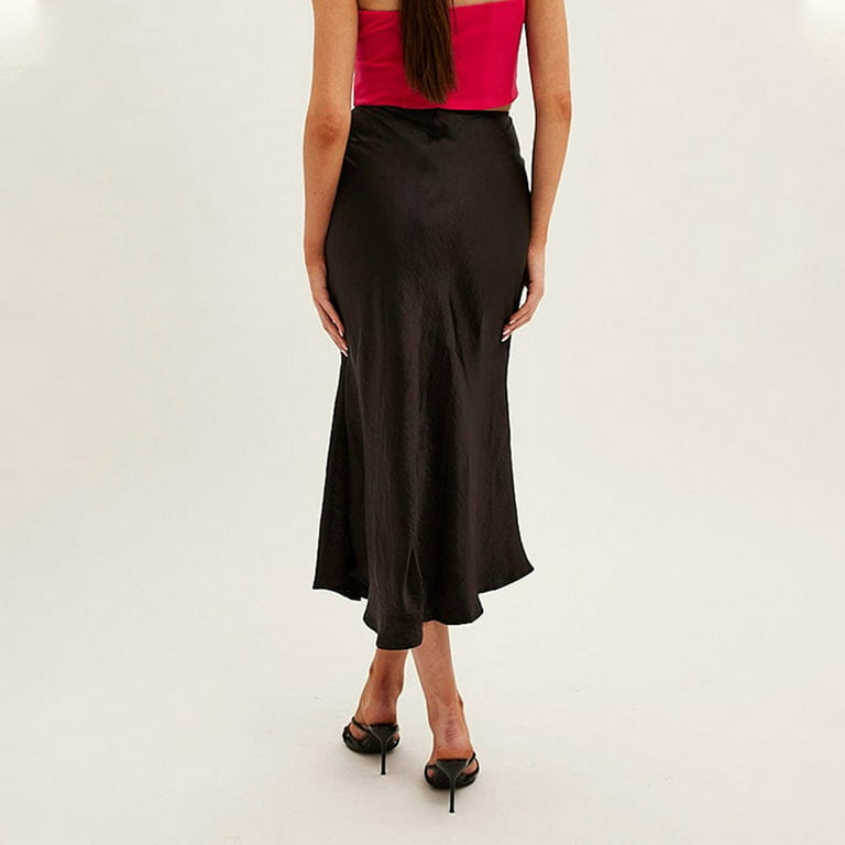 ALSLIAO Womens Silky Satin Midi Skirt High Waist Elastic Waist A Line Skirt  With Slit Black L