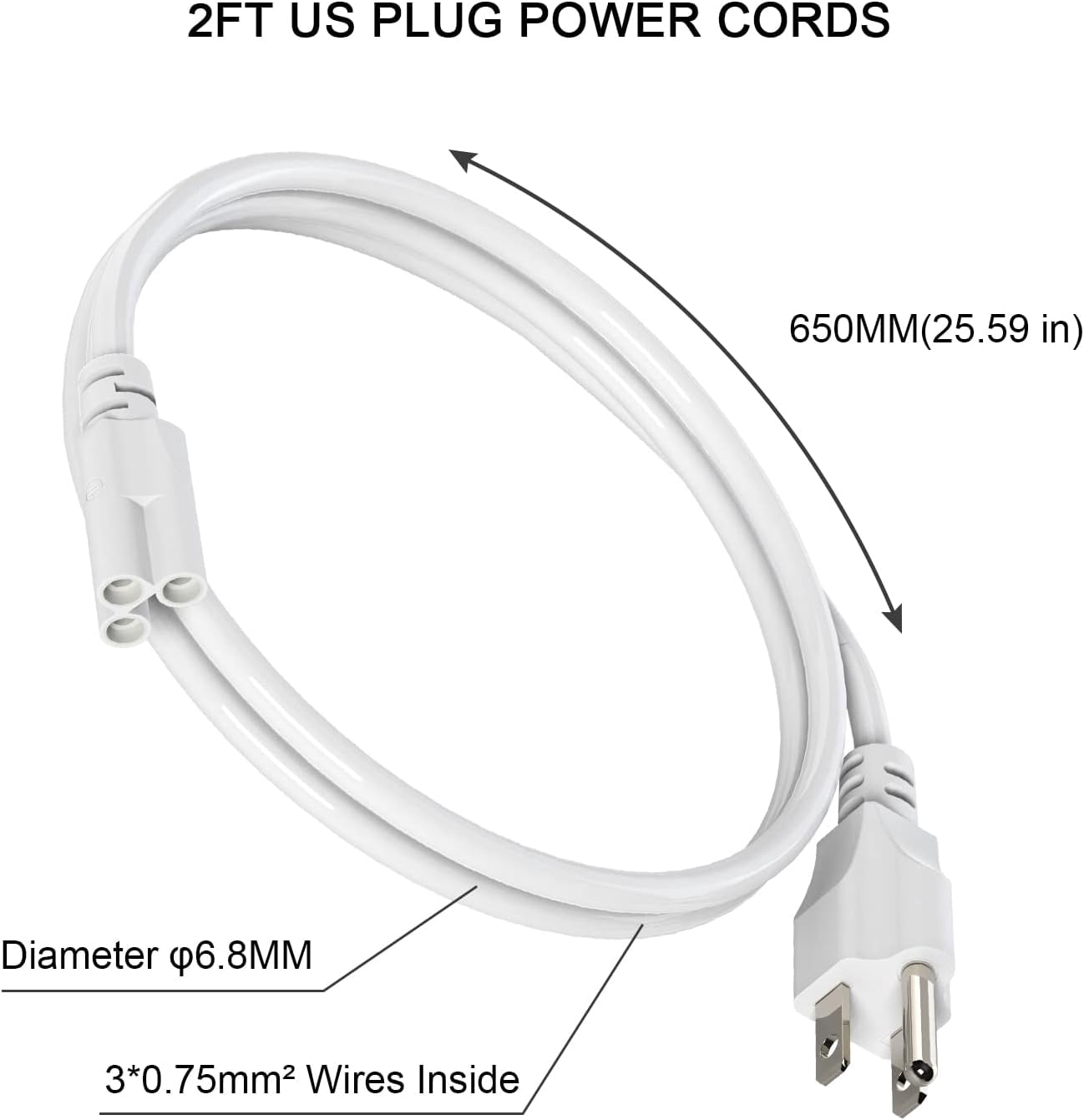 8 Pack 3-Prong US Plug T5 T8 Power Cords for Integrated LED Light Fixture