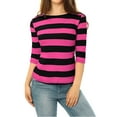 thumbnail image 6 of INSPIRE CHIC Women's Striped Shirts Slim Fit Elbow Sleeves Boat Neck T-Shirt Fuchsia Black L, 6 of 8