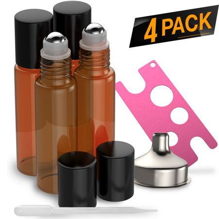 Essential Oil Roller Bottles [Metal Chrome Roller Ball] FREE Plastic Pippette, Funnel and Bottle Opener Refillable Glass Color Roll On for Fragrance Essential Oil - 10 ml 1/3 oz (4 PACK, (Best Carrier Oil For Essential Oil Rollers)