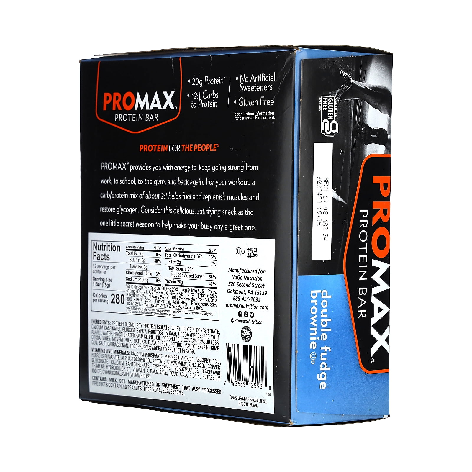 Promax Double Fudge Brownie, 20g High Protein, Gluten Free, 12 Count