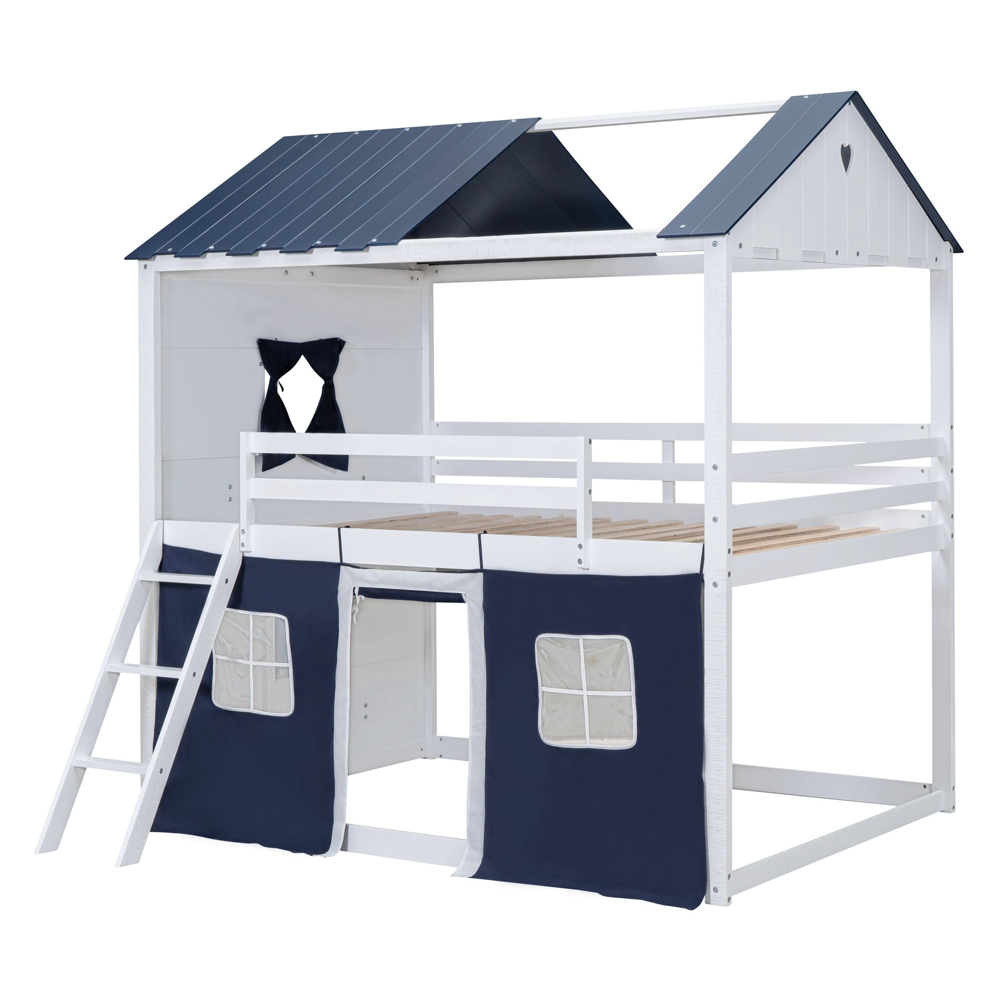 Aukfa Full over Full Bunk Bed with Tent and Roof, Wood Playhouse Bed for Kids, Blue