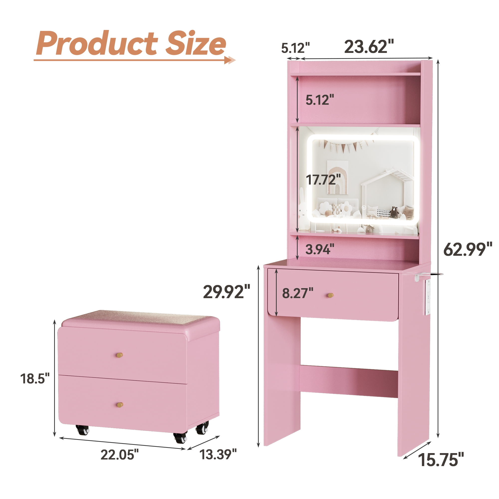 VEANERWOOD Pink Vanity Desk Set for Small Spaces, 23.62” Small Makeup Vanity Table with Rolling Stool, Lighting Mirror & Charging Station for Girls