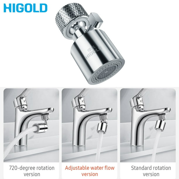 HIGOLD Faucet Aerator Water Tap Nozzle Bubbler Water Saving Filter  720-Degree Double Function 2-Flow