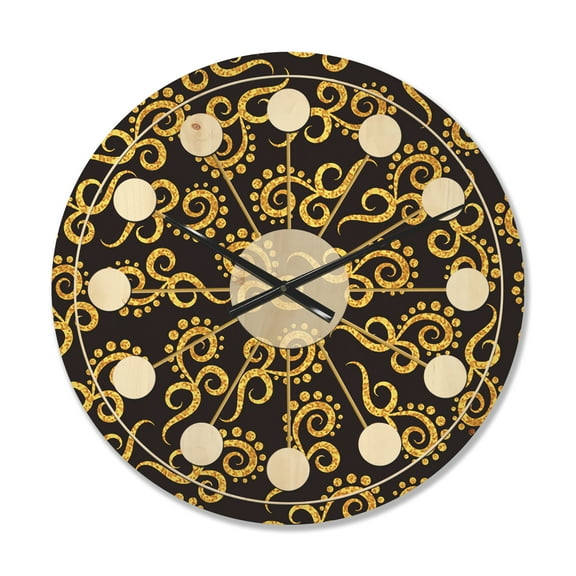 Designart 'Black and Gold Swirl II' Mid-Century Modern Wood Wall Clock