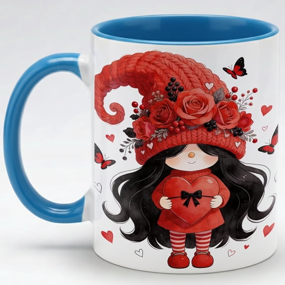 GOVISLAND Floral Gnome Girl Ceramic Mug with Rose Hat Art, Cute Valentine Heart Illustration Coffee Cup, Feminine Botanical Design Drinkware, Cozy Home Decor Mug