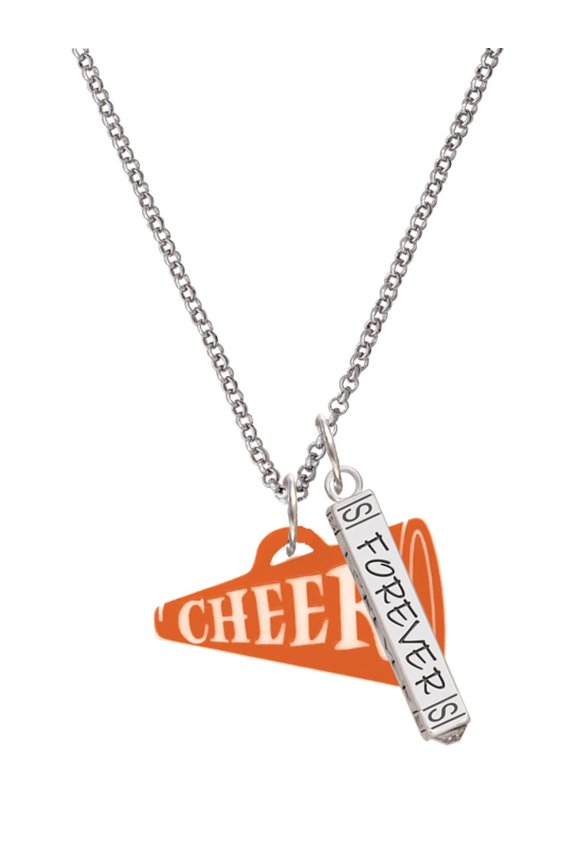 Acrylic 1.25" Orange Cheer Megaphone Silvertone Forever Bar Charm Necklace, 23"