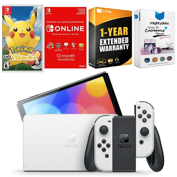 Nintendo Switch White OLED Console with Pokemon Let's Go, Pikachu!, NSO 12 Month Family Membership, MightySkins Console and Controller Skin Voucher, and 1 Year CPS Extended Warranty