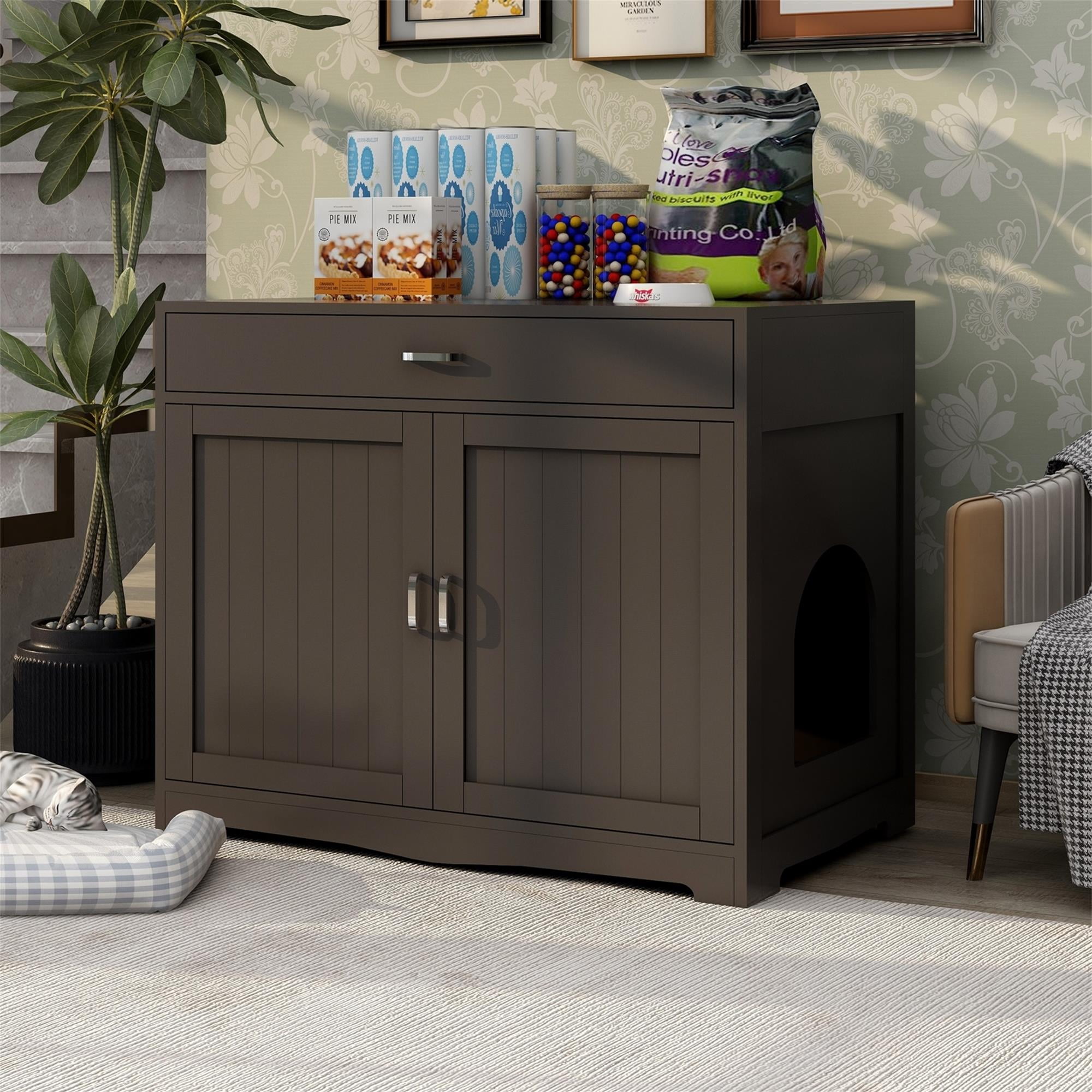 Pefilos 31" Cat Litter Box Furniture with Hidden Plug, 2 Doors Indoor Cat Washroom, Litter Box Enclosure Cat House, Large Wooden Cat House, Brown Pefilos 31" Cat Litter Box Furniture with Hidden Plug, 2 Doors Indoor Cat Washroom, Litter Box Enclosure Cat House, Large Wooden Cat House, Brown