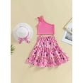 thumbnail image 2 of Bagilaanoe 3Pcs Little Girls Summer Skirt Set Sleeveless One Shoulder Tank Tops + Floral Skirt + Hat 3T 4T 5T 6T 7T Kids Casual Outfits, 2 of 9