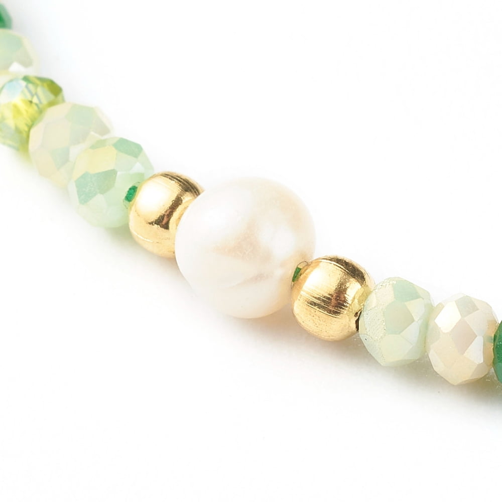 25pcs Nylon Thread Bead Bracelets with Electroplate Glass Beads Round Imitation Pearl Beads Green Inner Diameter: 2-3/8 inch(6.1~11cm)DIY