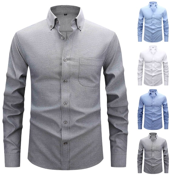Miluxas Mens Vintage Washed Long Sleeve Button Down Shirts Classic Lapel Solid Colors for Business or Casual Wear White
