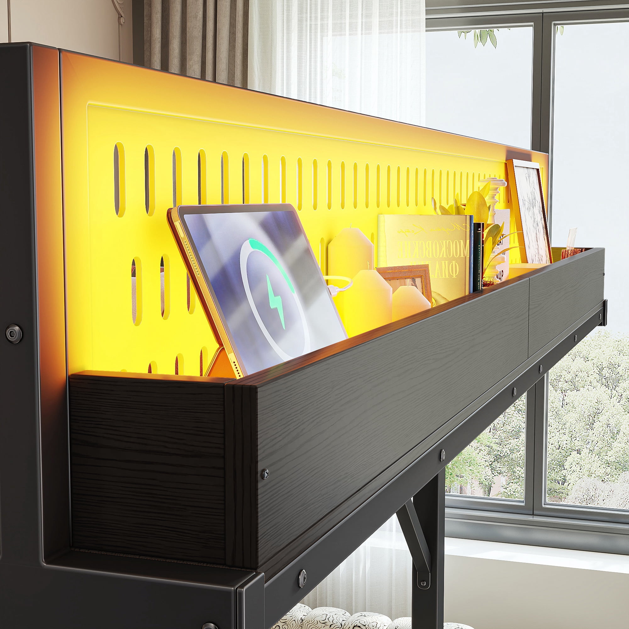 Leumius Full Size Loft Bed with Storage Shelves and Pegboard,Metal Loft Bed Frame with USB Ports and LED Lights,Black