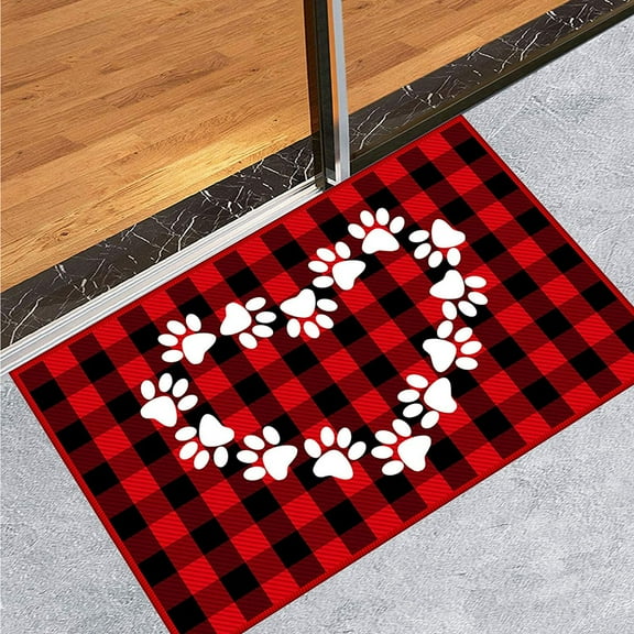 Welcome Valentines Day Dog Cat Paw Prints Decorative Front Door Mat, Pink Red Love Heart Doormat Indoor Outdoor Non- Floor Entryway Rug, Anniversary Wedding Home Kitchen Decor 20x31 Inch