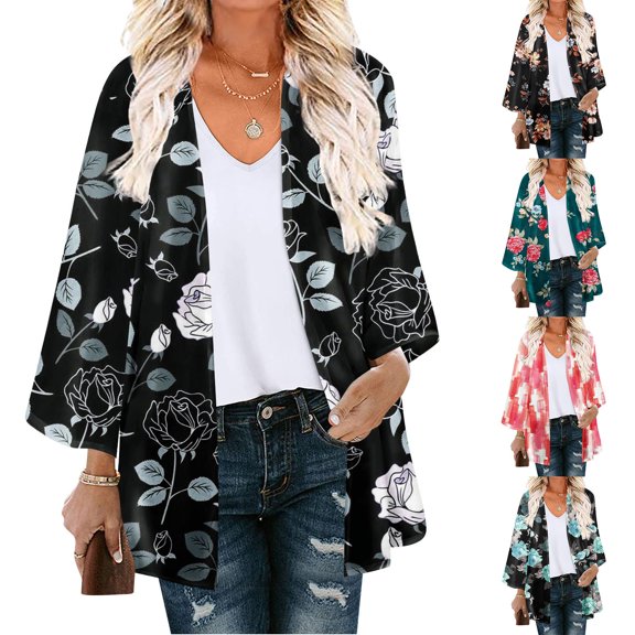 Spring Saving Clearance AXXD Black Cover Up for Swimsuits Women Floral Print Puff Sleeve Kimono Cardigan Loose Chiffon Cover Up Tops