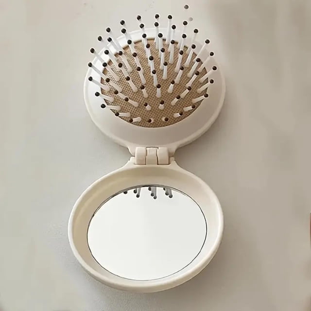 1PC Apricot Color Mini Cute Comb & Mirror Set,Round Portable Air Cushion Massage Comb with Foldable Pocket Mirror,Compact Hair Styling Tool for Women & Girls.,White