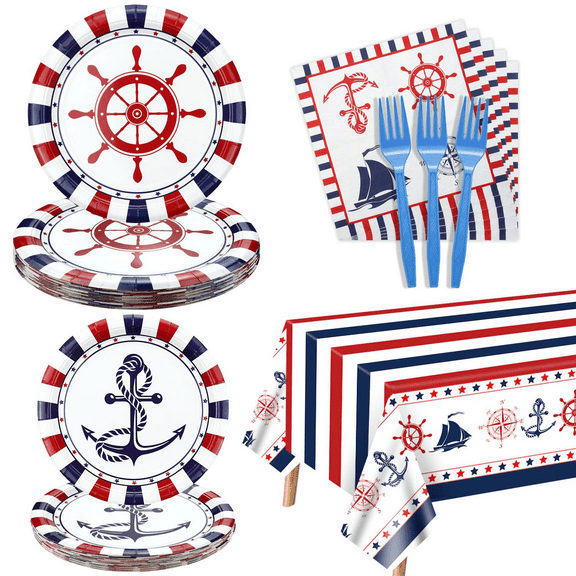 81 Pcs Nautical Party Decorations, Anckor Theme Birthday Supplies with Plates, Napkins, Nautical Tablecloth Forks for Kids Birthday Sailor Party Baby Shower Serves 20