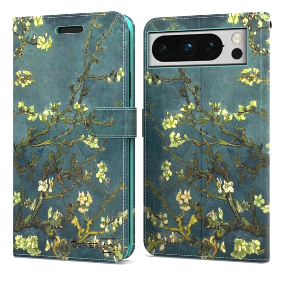CoverON For Google Pixel 8 Pro Wallet Case, RFID Blocking Vegan Leather 6x Card Slot Holder Cover Flip Folio Phone Pouch, Almond Blossom Art