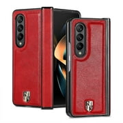 Zjrui Compatible with Samsung Galaxy Z Fold 4 Genuine Leather Case with Hinge Protection Slim Durable Z Fold 4 Business Case-Red