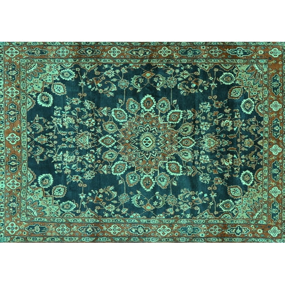 Ahgly Company Machine Washable Indoor Rectangle Medallion Turquoise Blue Traditional Area Rugs, 6' x 9'