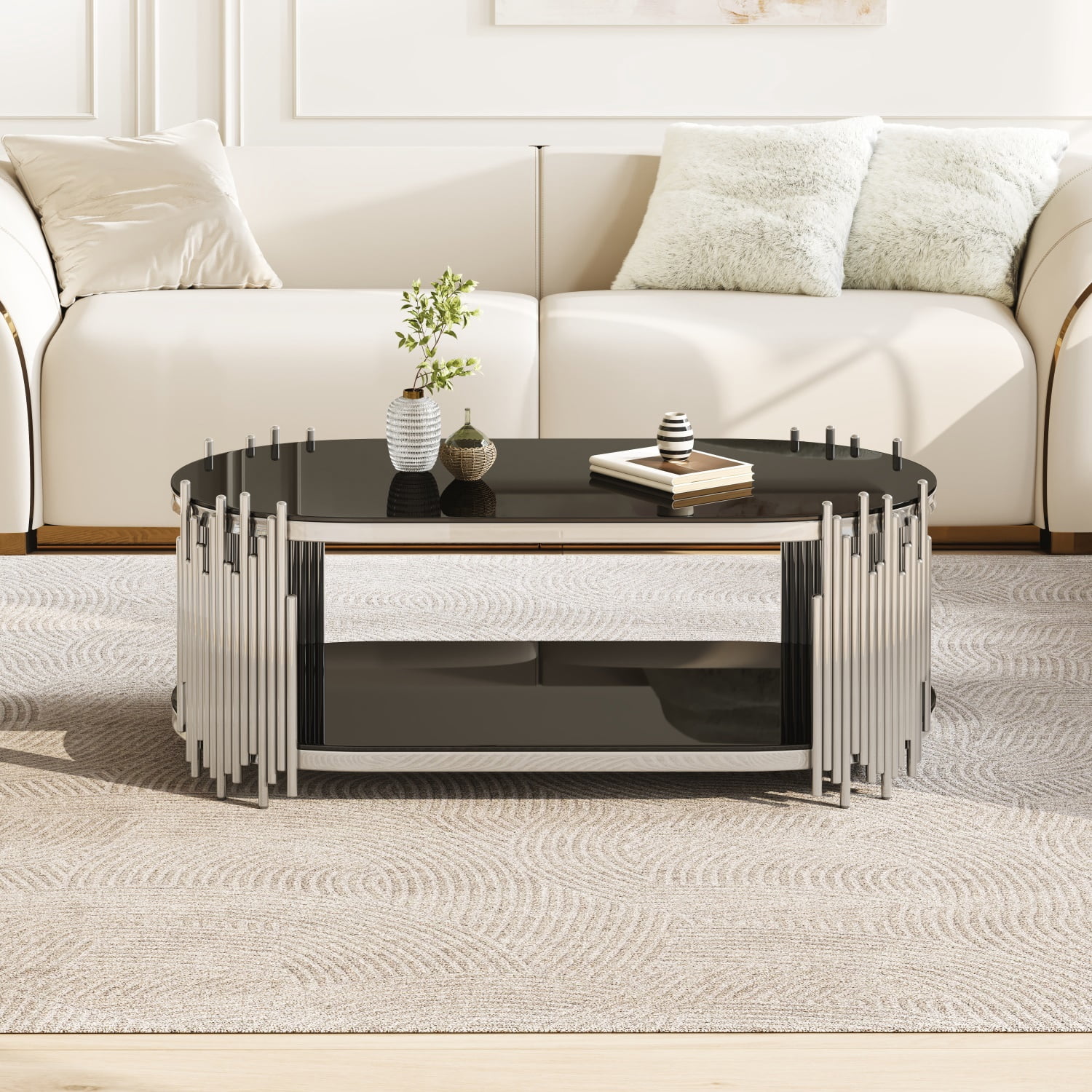 Hommoo Modern Oval Coffee Table with 2-Tier Tempered Glass Shelves & Organ Pipe Stainless Steel Base, Luxury Living Room Center Table, Black & Sliver
