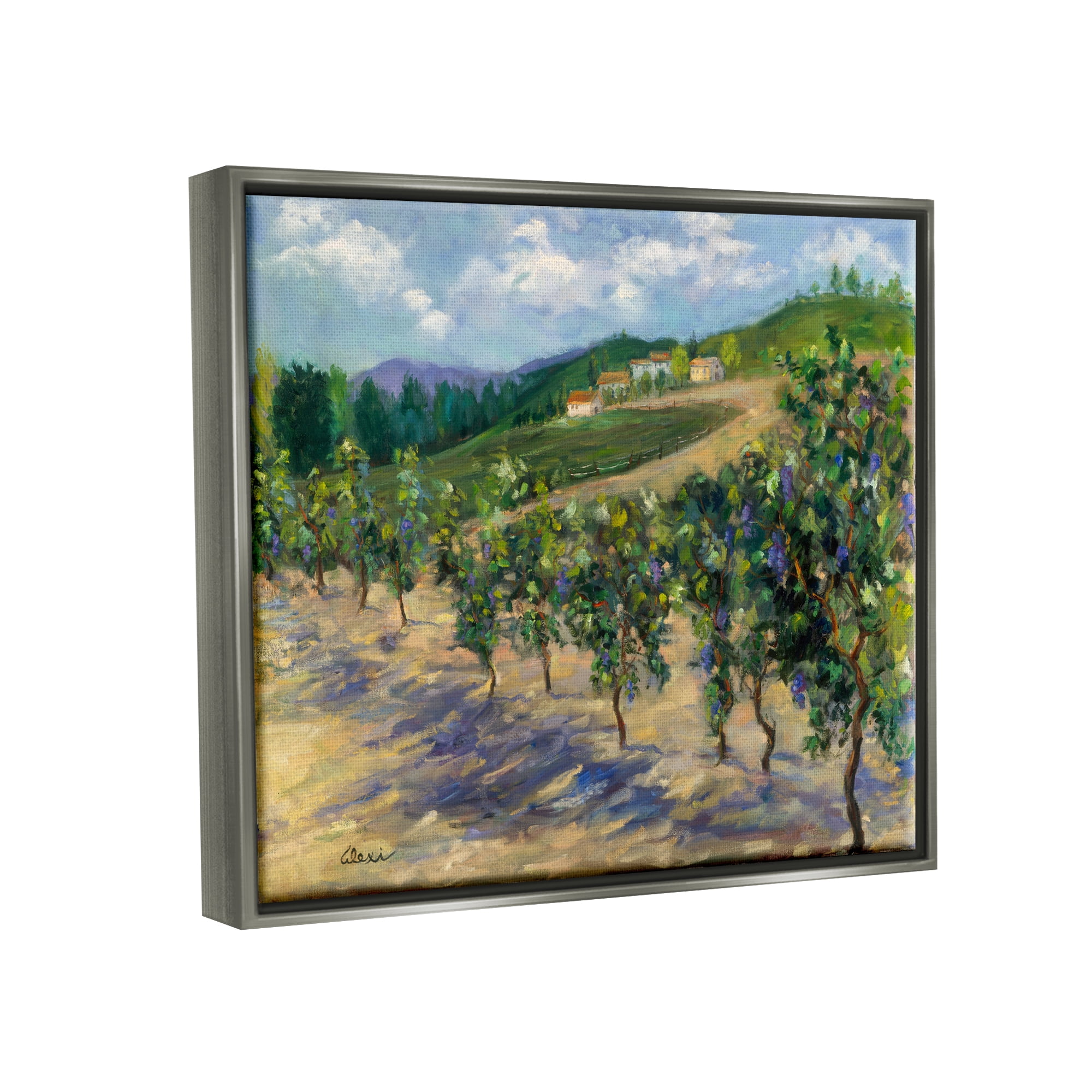 Stupell Industries Rural Vineyard Painting Landscape Painting Gray Floater Framed Canvas Art Print Wall Art, 21 x 17