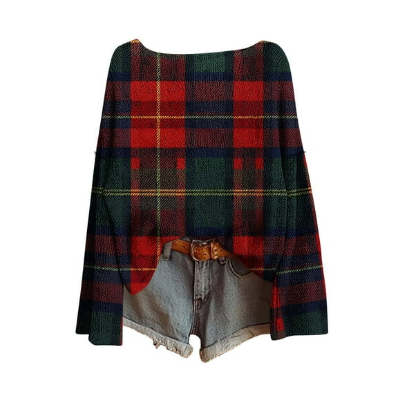 Lcziwo Boho Christmas Sweater for Women Casual Fashion Crew Neck Tees Knitted Oversized Retro Plaid Print Blouse Western Ethnic Baggy Pullover Tops Red,M