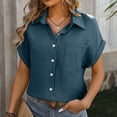 thumbnail image 2 of ORT Womens Button up Linen Shirt Short Sleeve Shirts Summer Fashion Cotton Linen Shirt Top Blouses with Pocket(Navy,M), 2 of 8