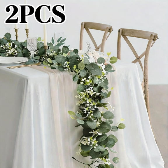 Eucalyptus Garland Lush Silver Dollar Leaves Boxwood with White Buds Artificial Faux Greenery Vines for Baby Shower Wedding Party Table Runner Room Home Mantle Decor