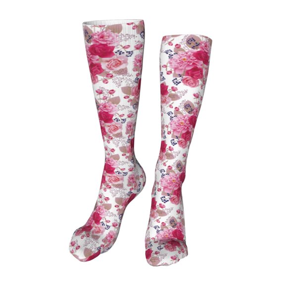 Xecao Peonies And Roses Print Calf Socks Seamless Toe, Knee High Long Socks, Sports Socks Trouser Socks for Women and Men-One Size