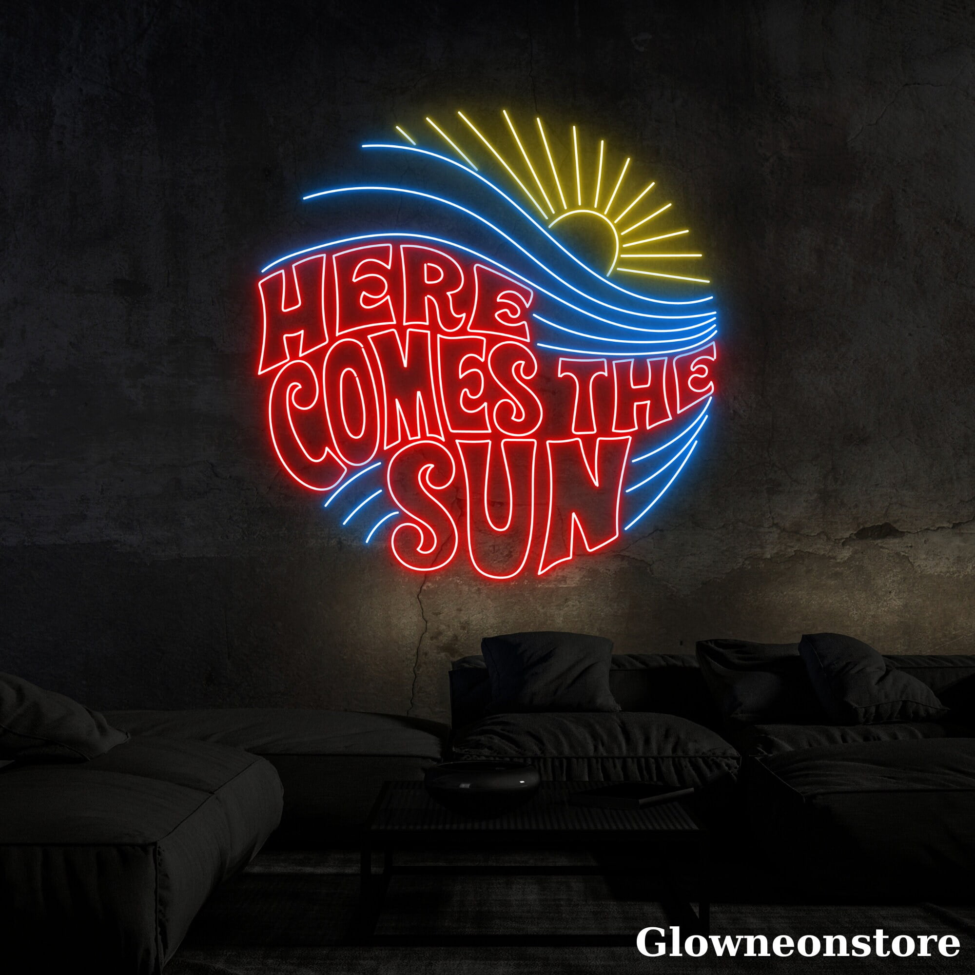 Glowneon Here Come The Sun Neon Sign, Here Come The Sun Neon Sign, Sunrise Wave Led Light
