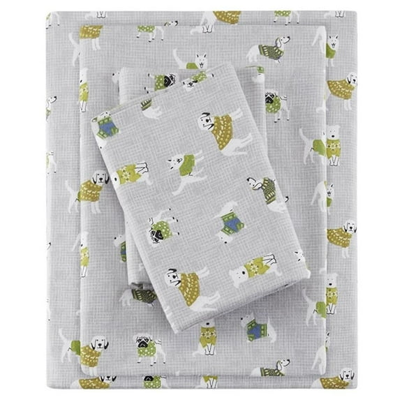 Pemberly Row Contemporary Cotton Pigment Printed Sheet Set in Gray Dogs