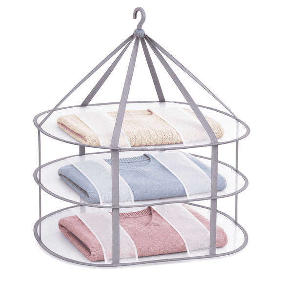 3 Tier Hanging Sweater Drying Rack, Foldable Mesh Clothes Drying Rack for Laundry, Rotating Hanging Dryer for Sweaters, Delicates, Swimwear and Clothing, Gray