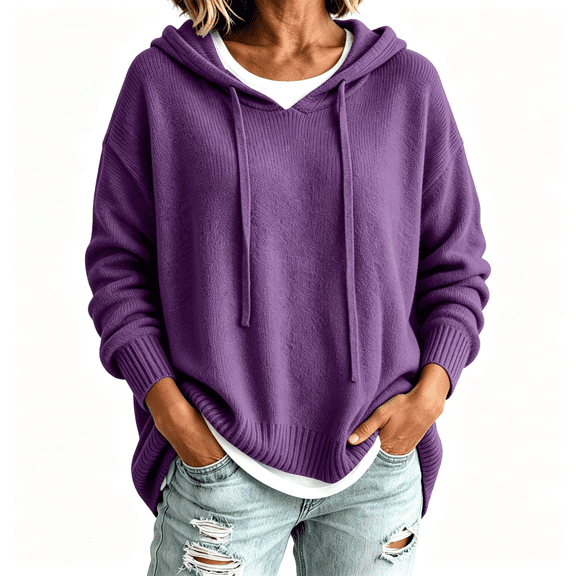 Womens Sweaters with Hood Knit Warm Oversized Casual Long Sleeve Fall Winter Pullover Sweaters Purple S-2XL