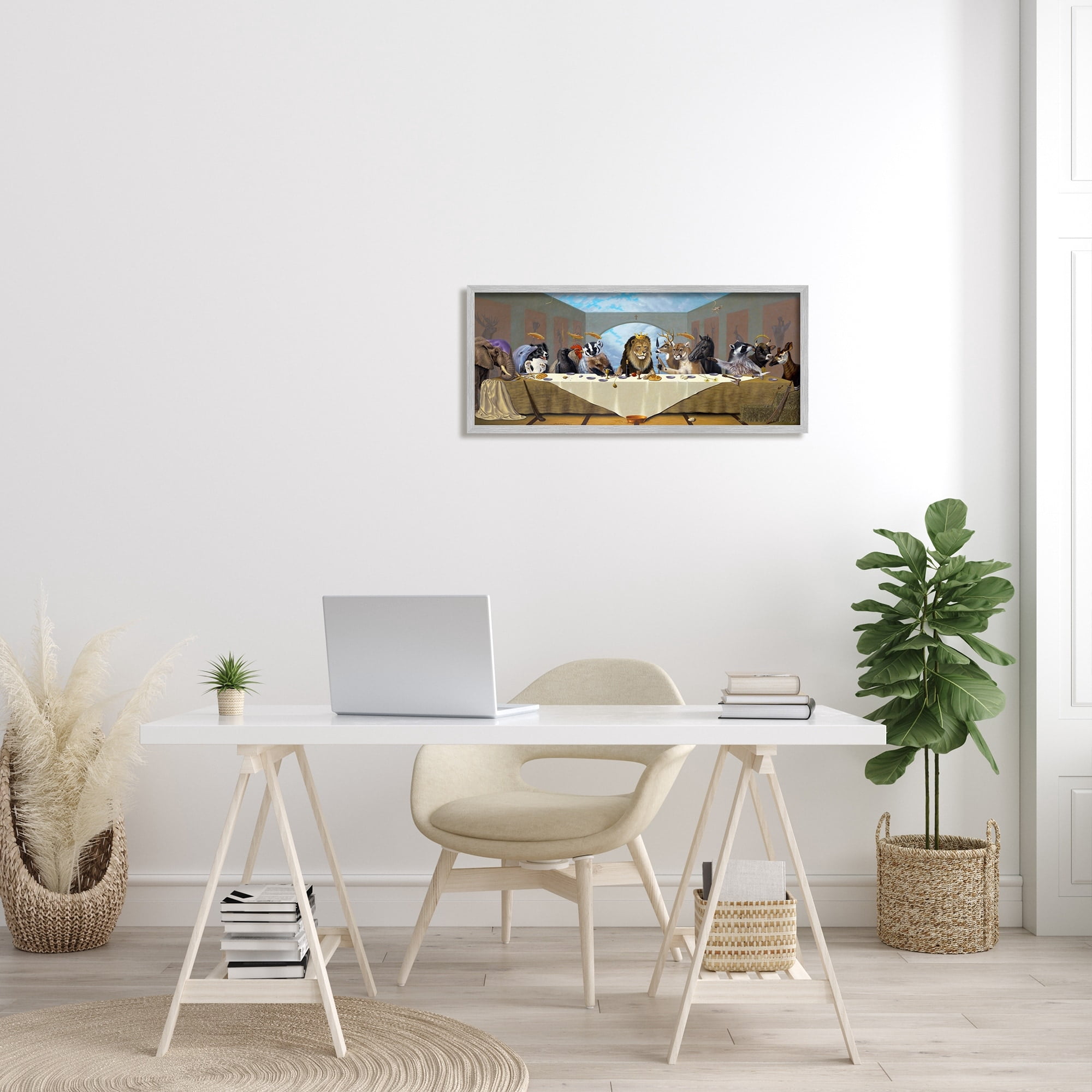 Stupell Industries Last Supper Safari Animal Version King Lion Animals & Insects Painting Gray Framed Art Print Wall Art, 13 x 30