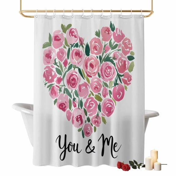 You and Me Bathroom Shower Curtains with Hooks, Valentine's Day Watercolor Pink Gradient Roses Floral Love Heart Waterproof Fabric Washable Shower Curtain for Home Hotel Bathtub Decor 36x72 Inch
