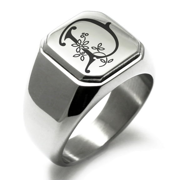 Stainless Steel Letter D Initial Floral Monogram Engraved Engraved Square Flat Top Biker Style Polished Signet Ring