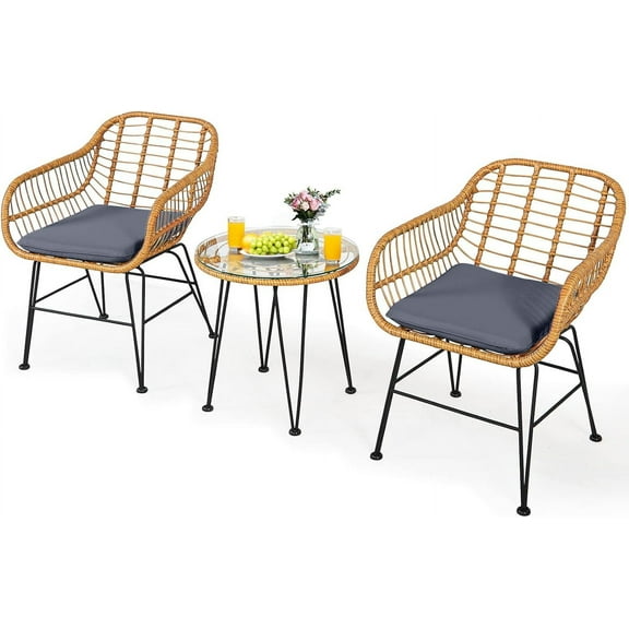 DORTALA 3 Pieces Patio Conversation Set, Rattan Leisure Chairs & Round Glass Tea Table Set, Indoor Outdoor Wicker Bistro Furniture Set with Cushions for Balcony, Poolside, Grey