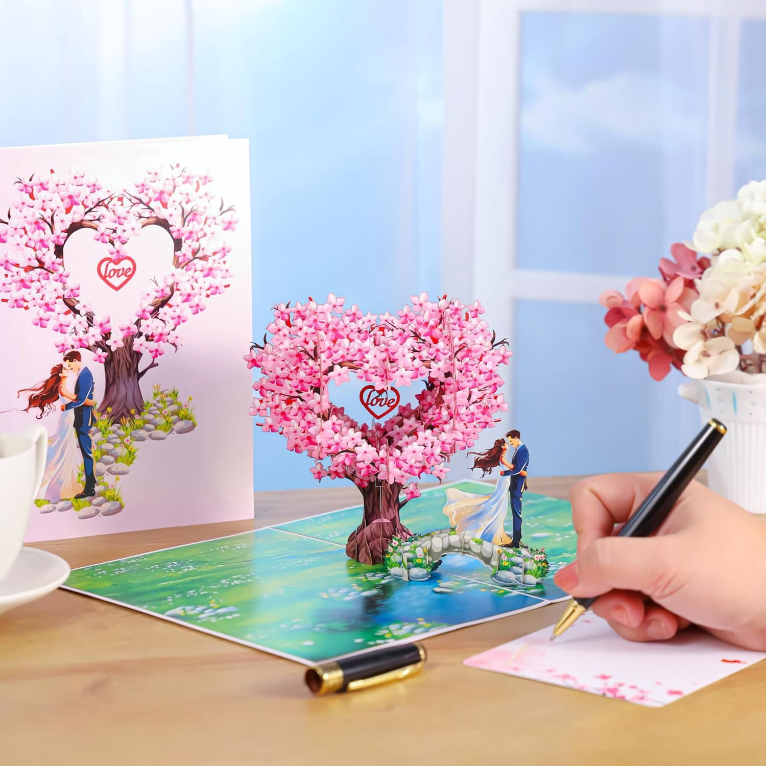 Pop Up Anniversary Cards, 3D Heart Cherry Blossom, Bridge with Couple Wedding Cards for Wife, Husband, Her, Him, Girlfriend, Ideal Gift for Birthday, Wedding, Valentines, Mothers Day, 6x8 inch