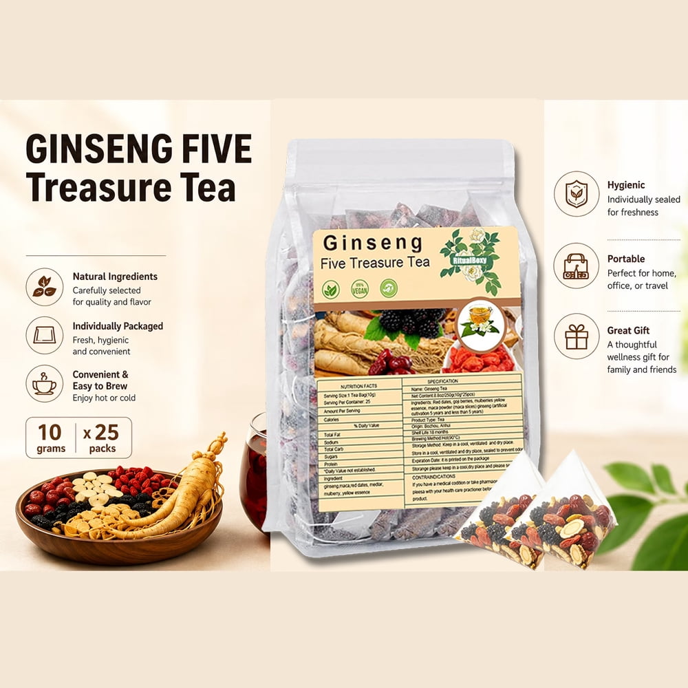MindyLLL Ginseng Five Treasure Herbal Tea Bags Kidney Detox Cleanse Caffeine-Free 25 Count