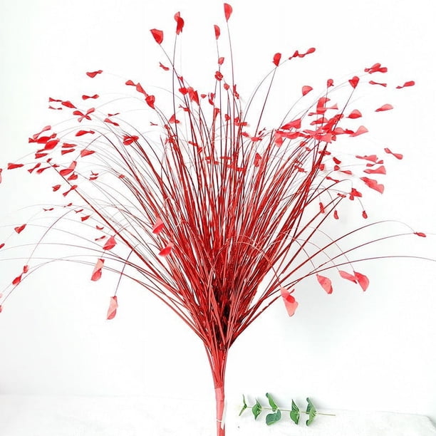 Xiao Hua Flor artificial con purpurina para decoración navideña, flor de caña, hierba de pavo real falsa, roja
