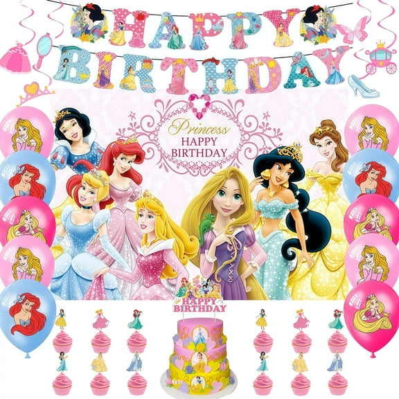 Princess series themed birthday party supplies decorations, set includes birthday banners, backdrops, balloons, hanging swirls, cake toppers, suitable for boys and girls party decorations