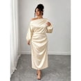 thumbnail image 5 of Apricot Satin Asymmetric Cowl Neck Ruched Waist A-Line Midi Dress, 5 of 6