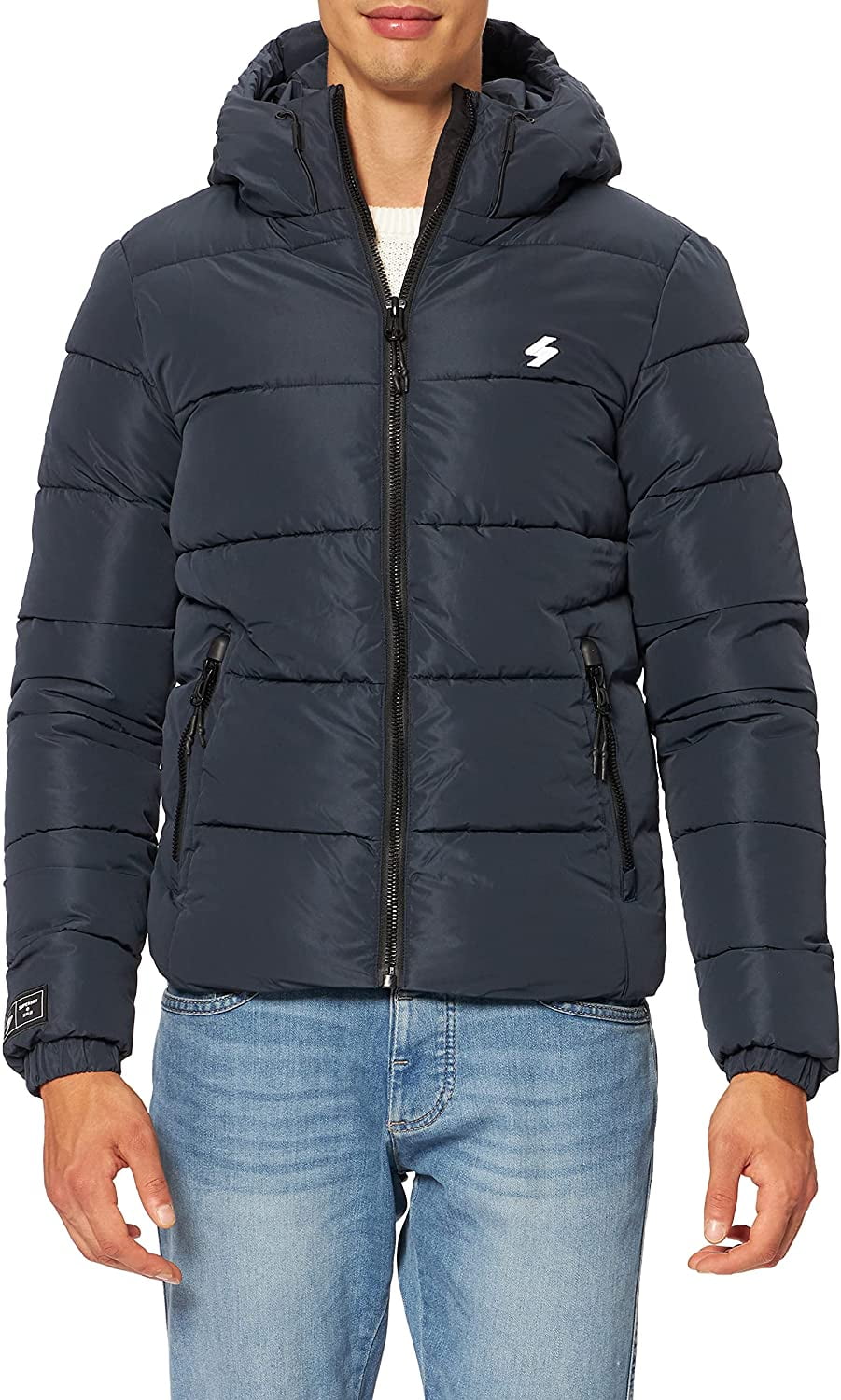 Men s Superdry Hooded Sports Puffer Jacket Navy Ireland Ubuy