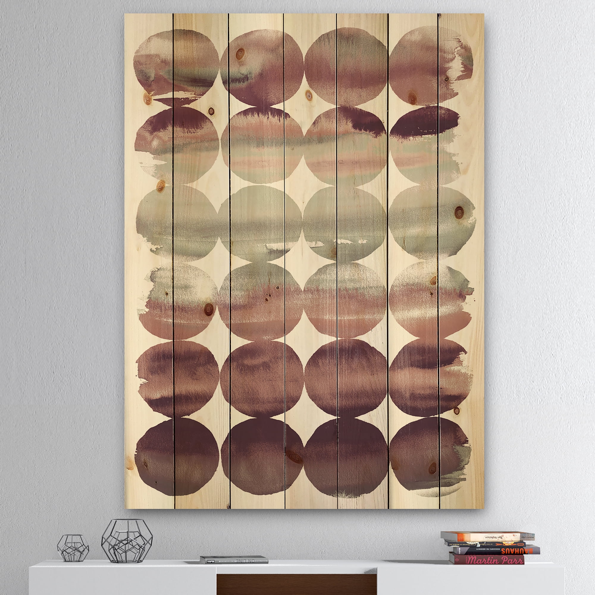 Designart 'Plum Dots minimal geometric I' Transitional Print on Natural Pine Wood