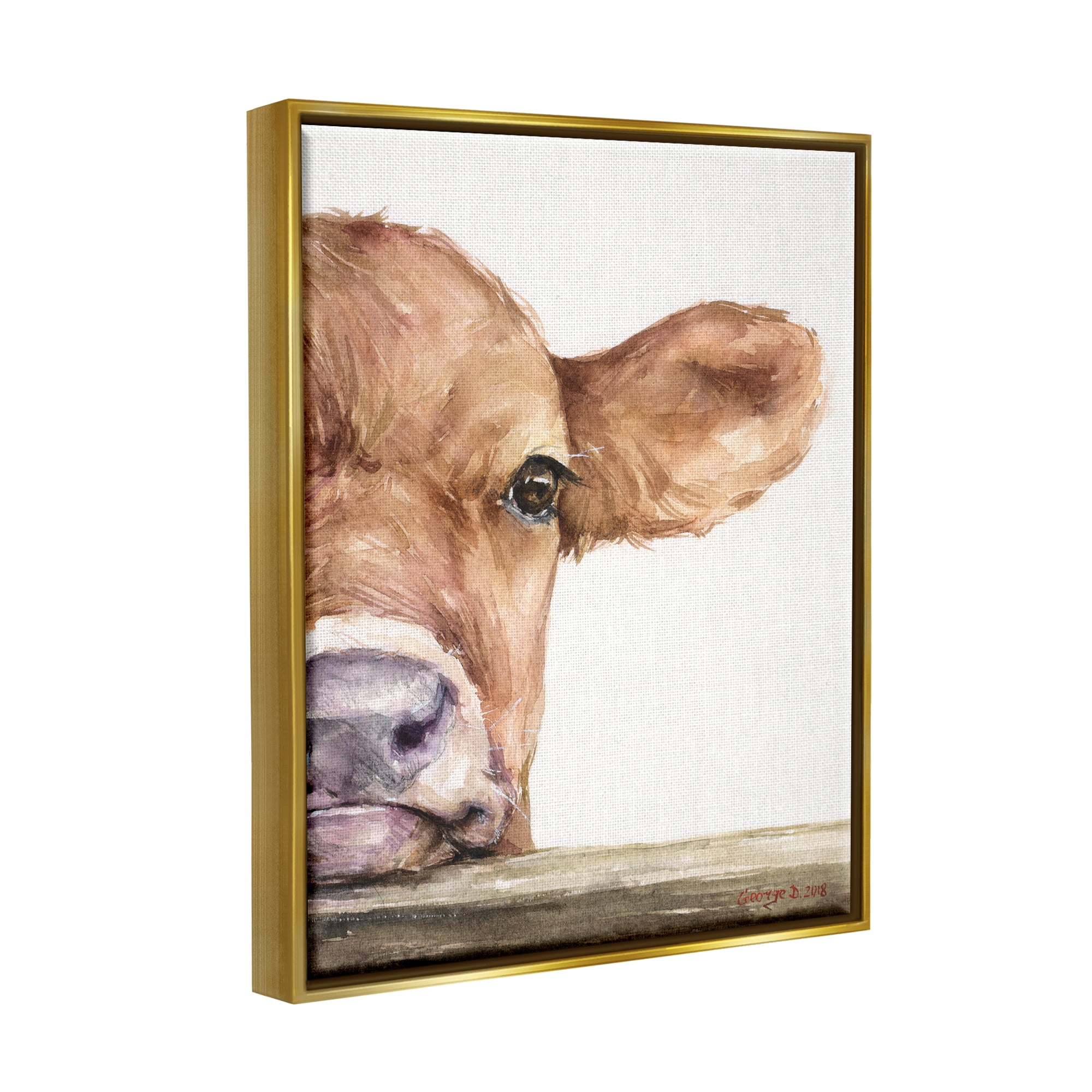 Stupell Industries Baby Calf Cow Resting Head Up-Close Rural Painting Metallic Gold Floating Framed Canvas Print Wall Art, Design by George Dyachenko
