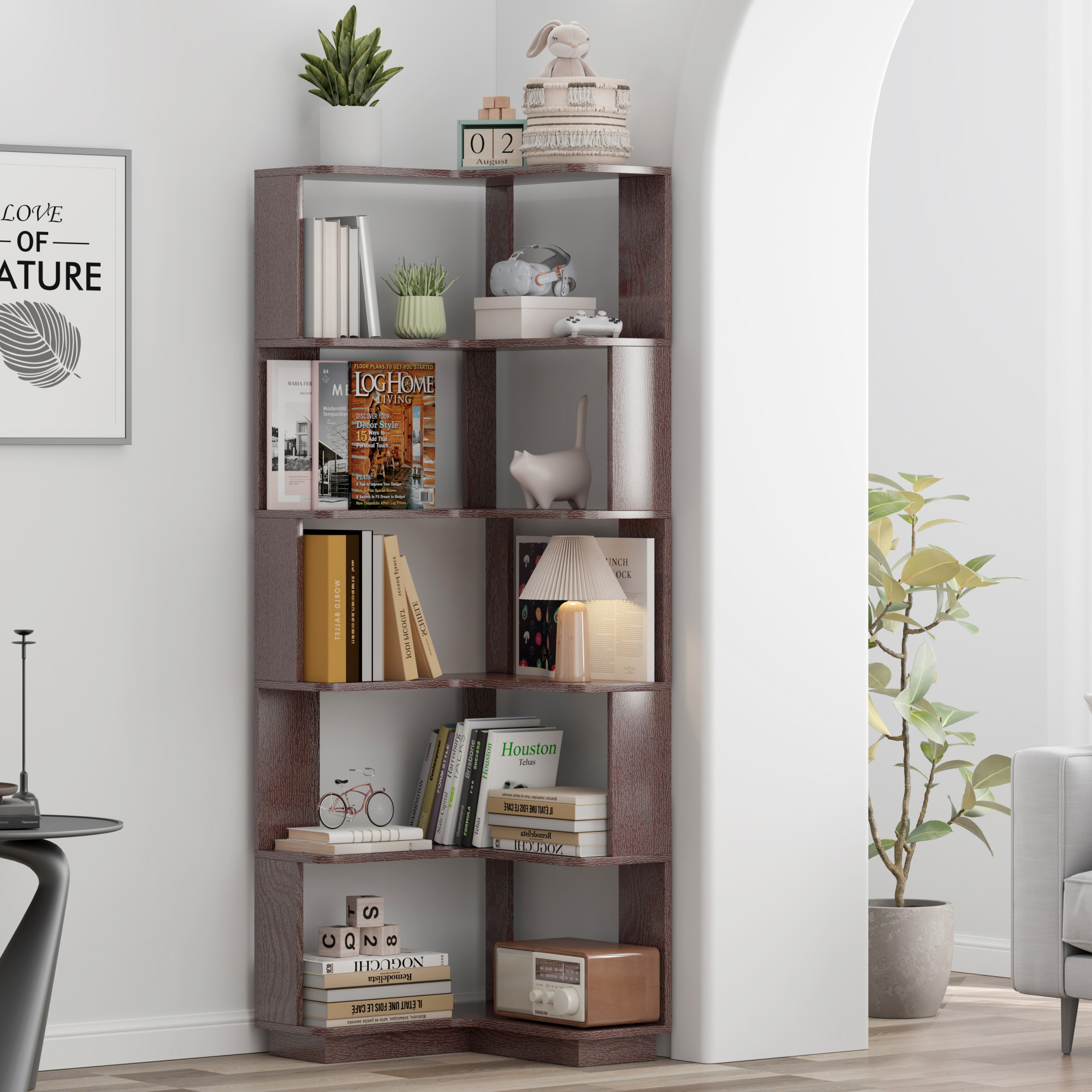 Leumius 6 Tier Freestanding L-Shaped Corner Bookshelf, Wooden Bookcase with anti-drop panle and anti tipping device, Display shelf Open storage rack Organizer for Home Office,Ox Blood Red