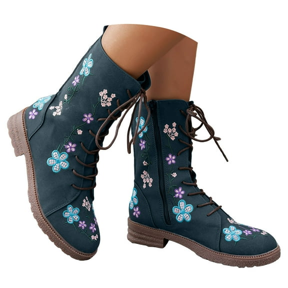 Mepaouo Combat Boots for Women Ethnic Vintage Flower Mid Calf Booties Lace up Casual Riding Ankle Boot